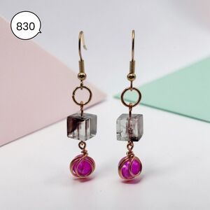 Geometric Cube & Pink Bead Dangle Earrings, Gold Hook Minimalist Jewelry